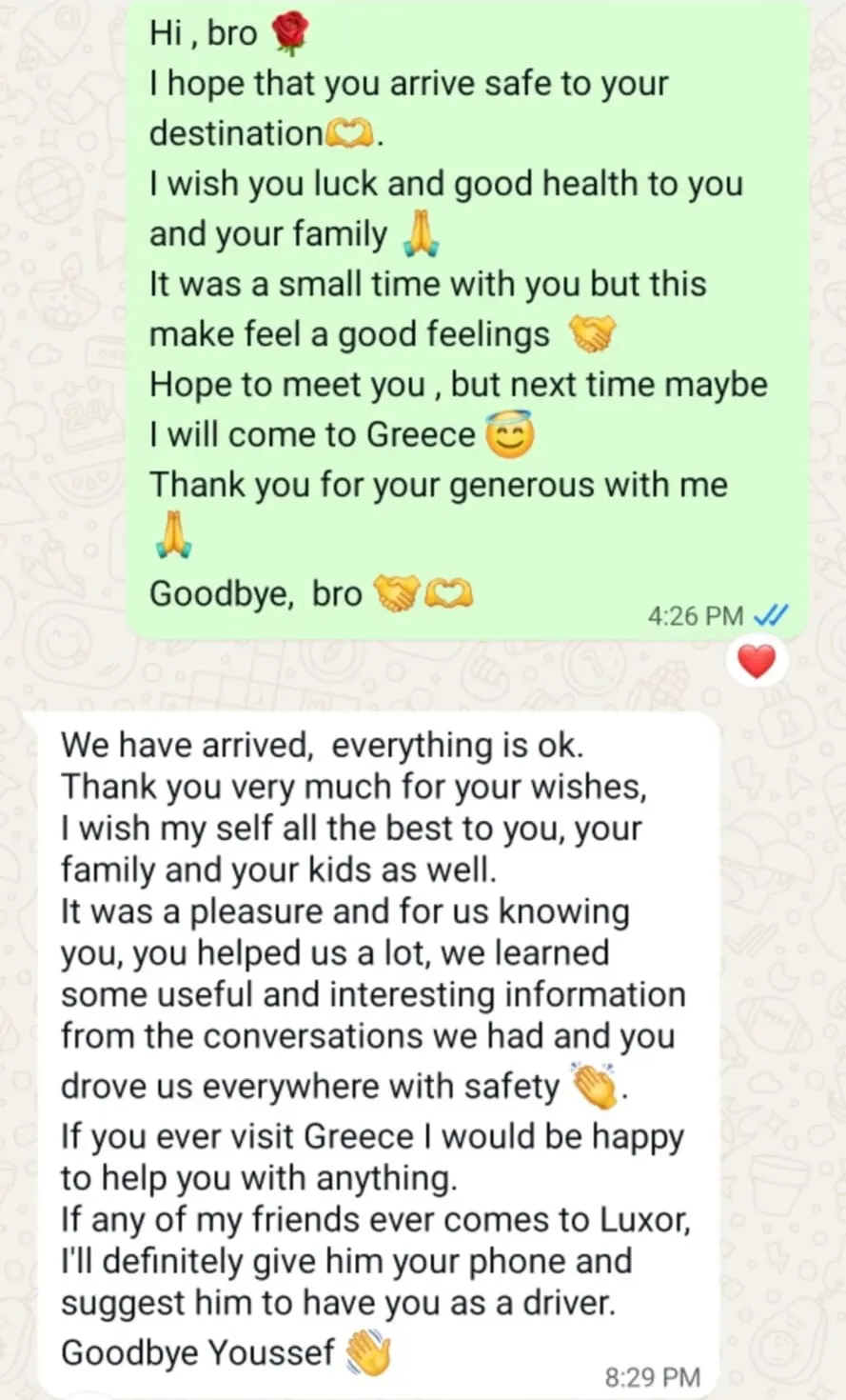 WhatsApp chat: Youssef wishes the guests a safe journey; they reply that Youssef helped them a lot, taught them about Egypt and drove them everywhere safely, and that they will recommend Youssef to friends visiting Luxor.